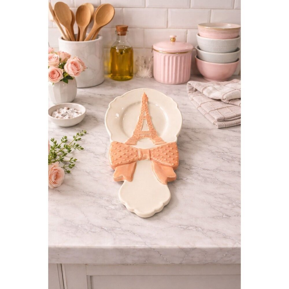New New Pink Girly Paris Eiffel Tower French W/ Bow Kitchen Spoon Rest Decor